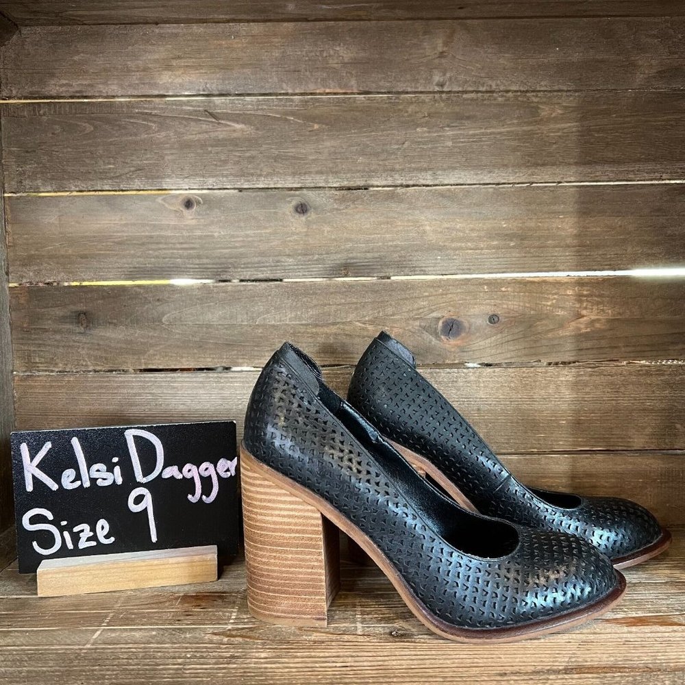 Womens Kelsi Dagger Brooklyn Black Leather Block High Heels Shoes Size 9‎ M GUC